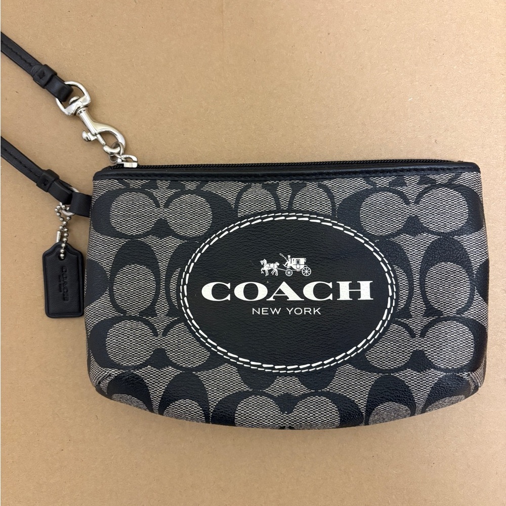 Coach Black and Cream Logo Wristlet
